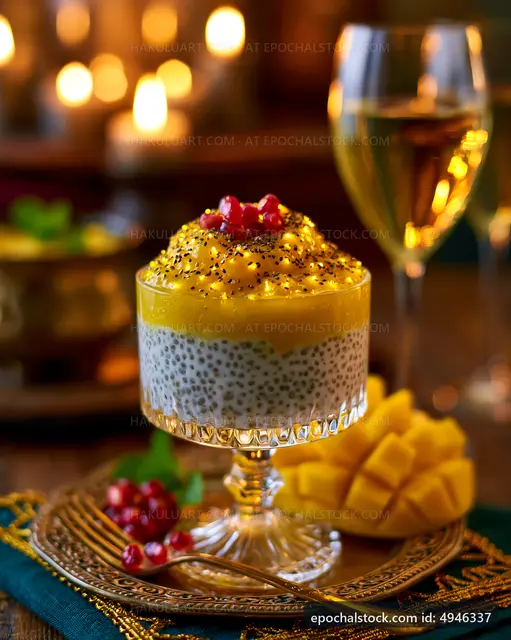 Mango dessert with chia seeds and pomegranate on a festive table