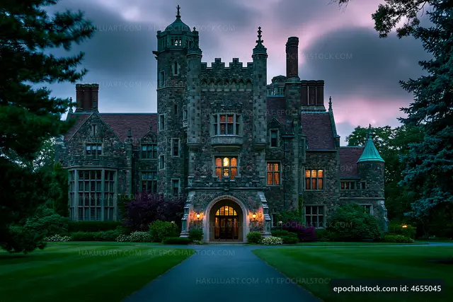 Historic mansion with stone architecture at dusk