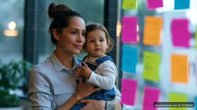 Mother holding her child in front of colorful sticky notes