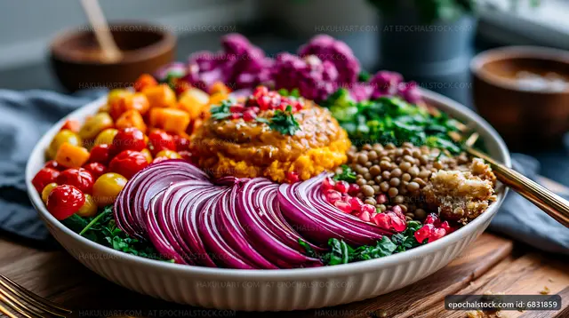 Colorful vegetable platter with hummus and lentils