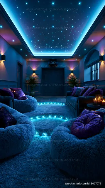 Cozy room with glowing lights and plush seating