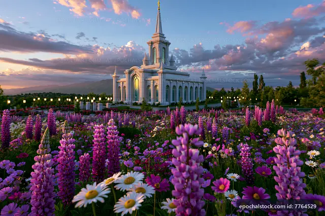 Bright flowers surround a white temple during sunset