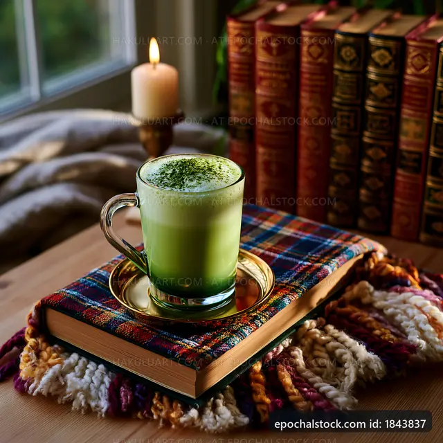 Green matcha drink on a book with candlelight in the background