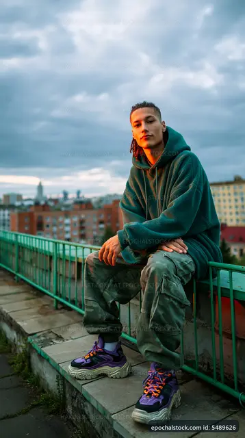 Young person sitting on a ledge overlooking a cityscape at dusk