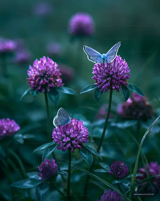 Butterflies resting on clover flowers in a garden setting