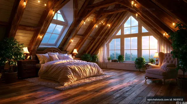 Cozy attic bedroom with large windows and wooden beams