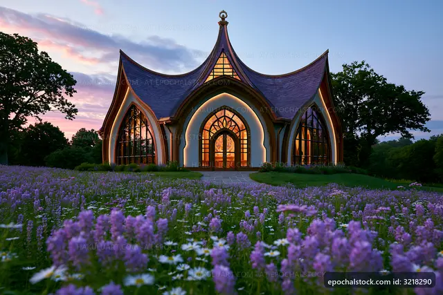 Beautiful building with large windows among blooming flowers at sunset