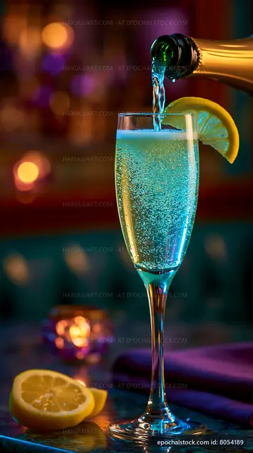Pouring sparkling drink into a glass with lemon and candlelight