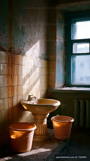 Old bathroom with a sink and buckets in sunlight