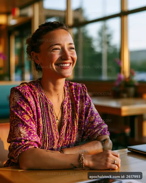 Woman smiling at a table in a bright cafe setting