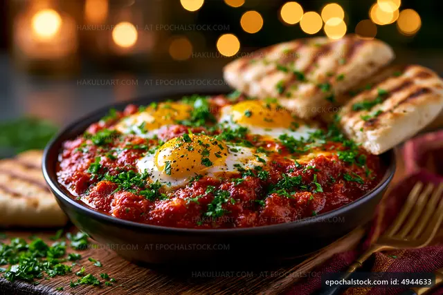 Breakfast bowl with eggs and bread on wooden table