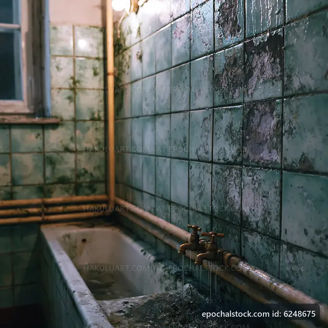 Old bathroom with worn tiles and a rusty tub