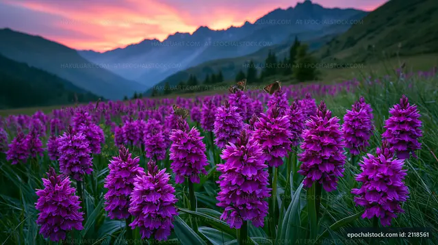 Vibrant purple flowers bloom under a colorful sunset sky
