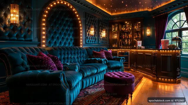 Luxurious lounge area with velvet furniture and warm lighting