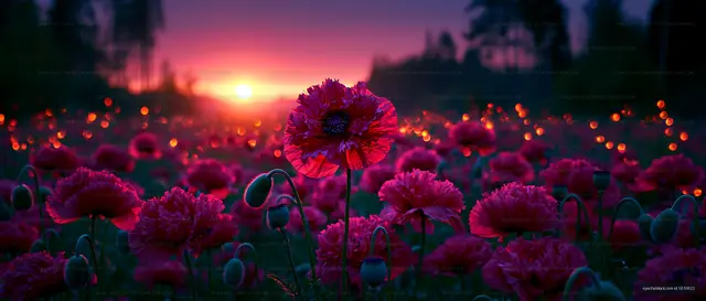 Sunset over a field of pink flowers in bloom