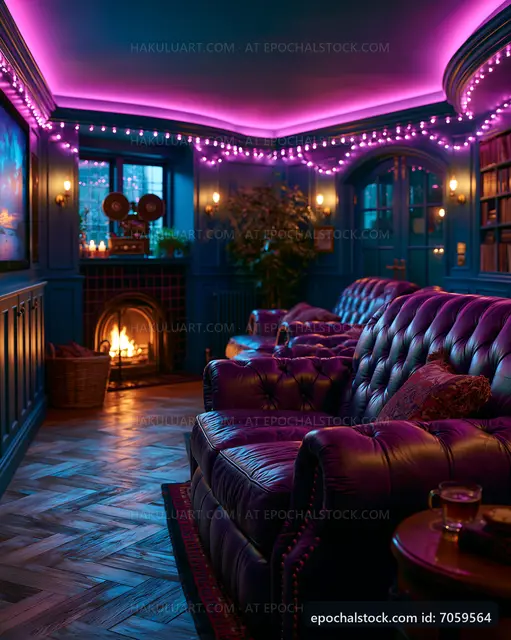 Cozy living room with purple lights and a fireplace