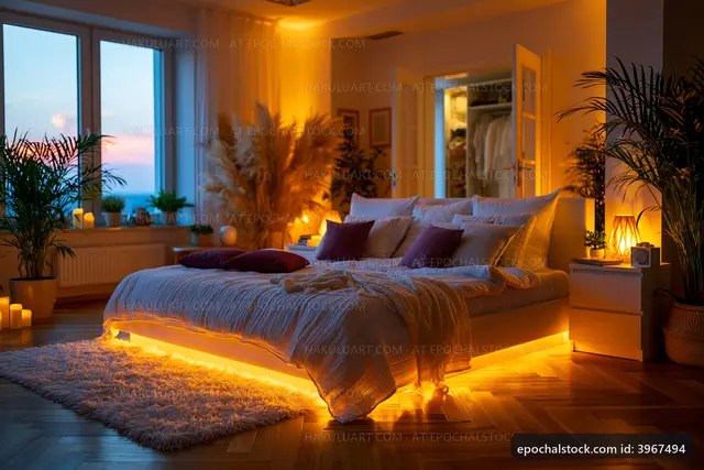 Cozy bedroom with warm lighting and stylish decor at dusk