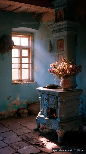 Old blue stove with flowers in a sunlit room
