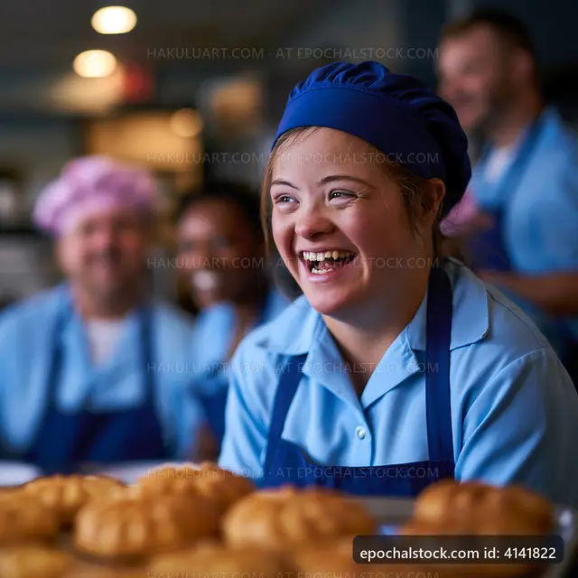 Bakers smiling while preparing pastries in a busy kitchen