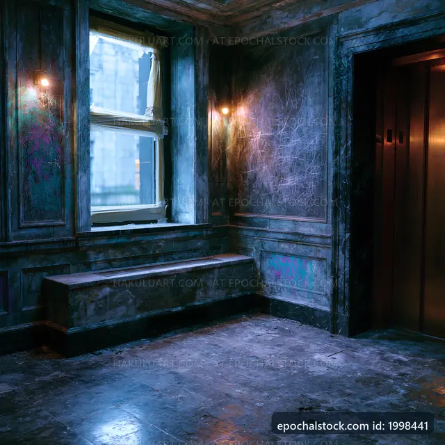 Interior view of an empty room with a window and elevator