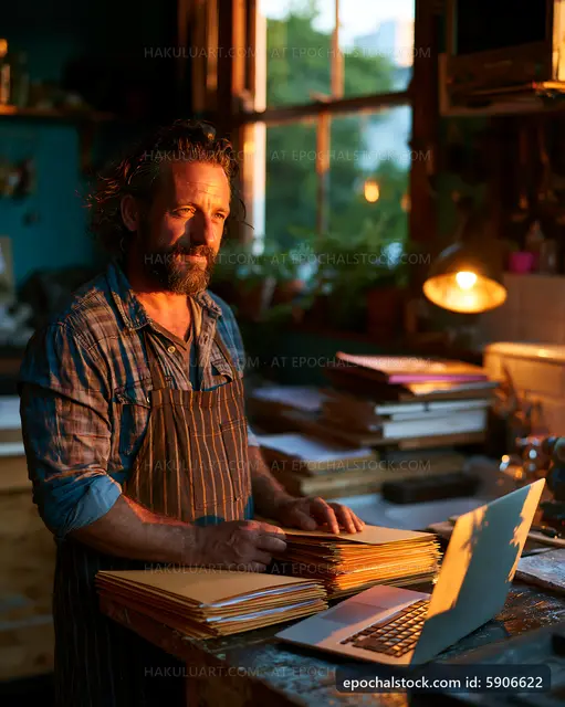 Man sorting files in a workshop during sunset