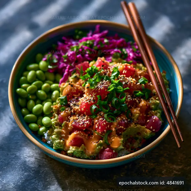 Bowl of fresh sushi rice topped with vegetables and tuna