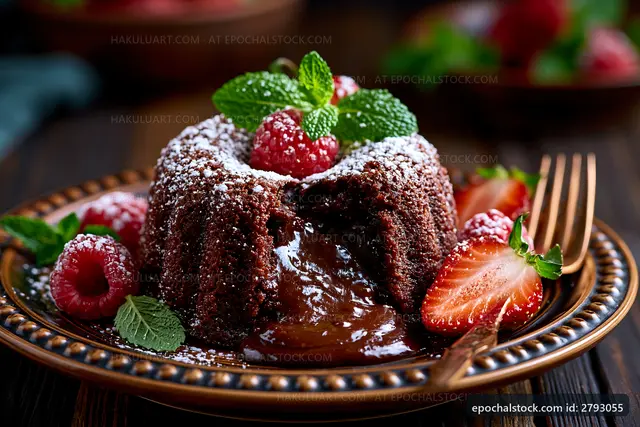 Chocolate lava cake served with fresh raspberries and mint