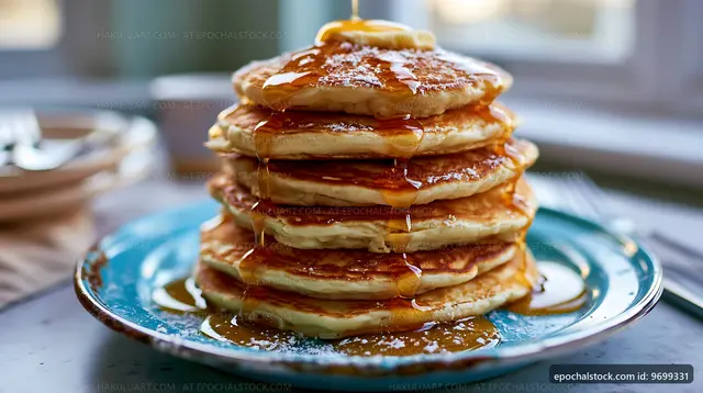 Stack of pancakes with syrup on a blue plate