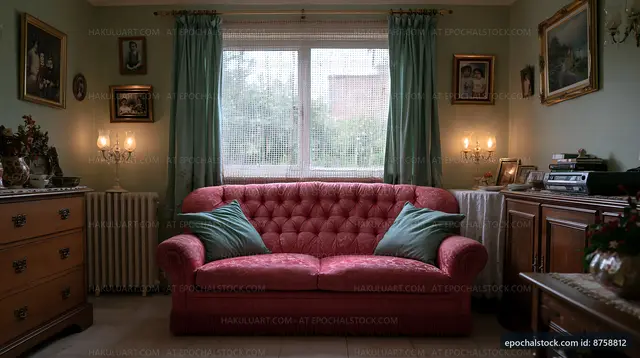 Cozy living room with pink sofa and vintage decorations