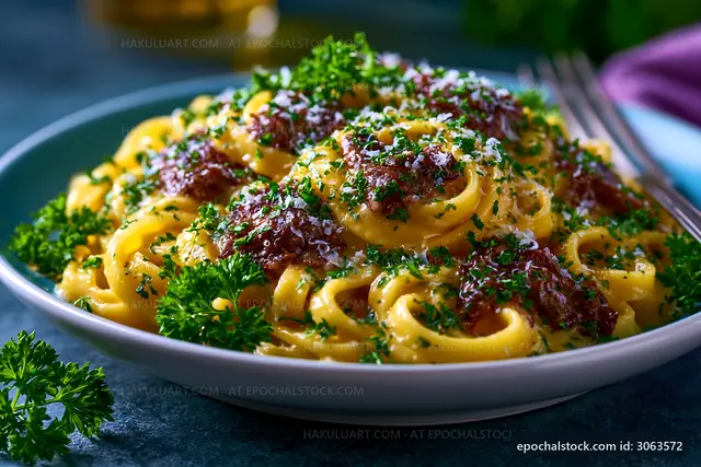 Pasta with green herbs and cheese on a blue table