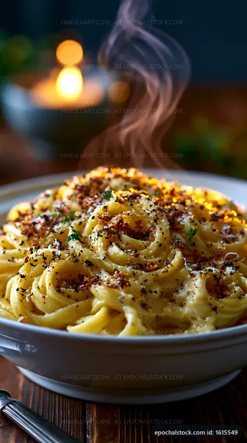 Pasta dish with steam and topping served on a wooden table