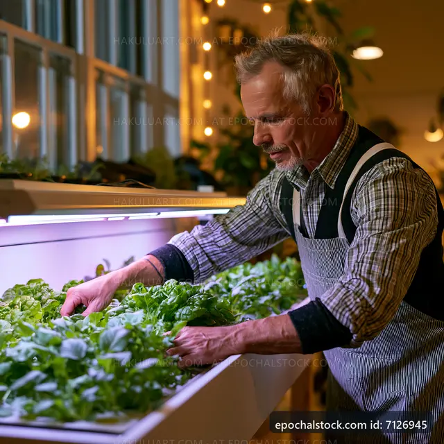 Man tending to plants in a modern indoor garden