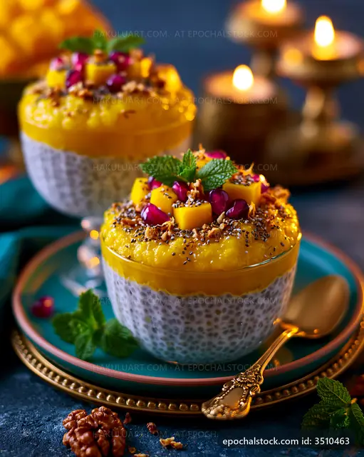 Mango dessert with chia seeds served in glasses with garnish