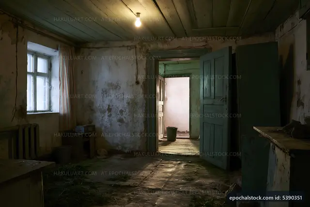 Old abandoned room with peeling walls and dim lighting