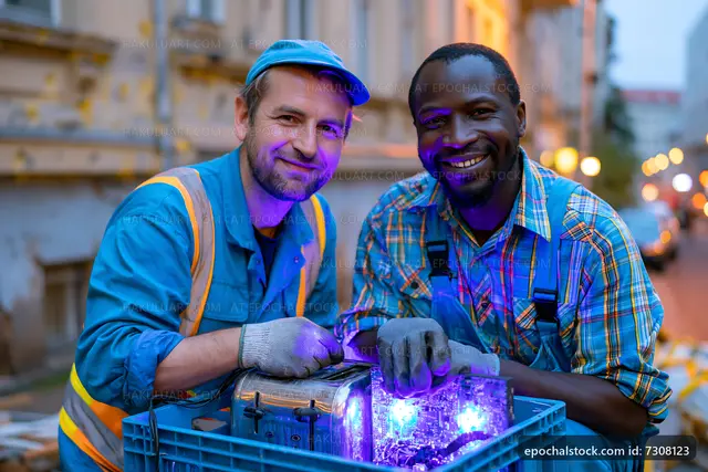 Workers repairing electronic devices in urban setting