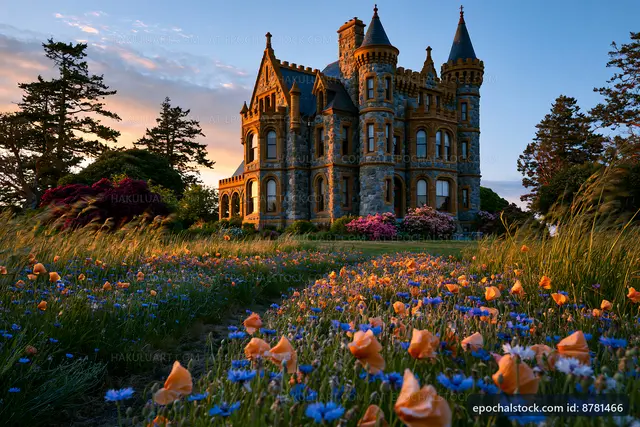 Castle with flowers in front during sunset