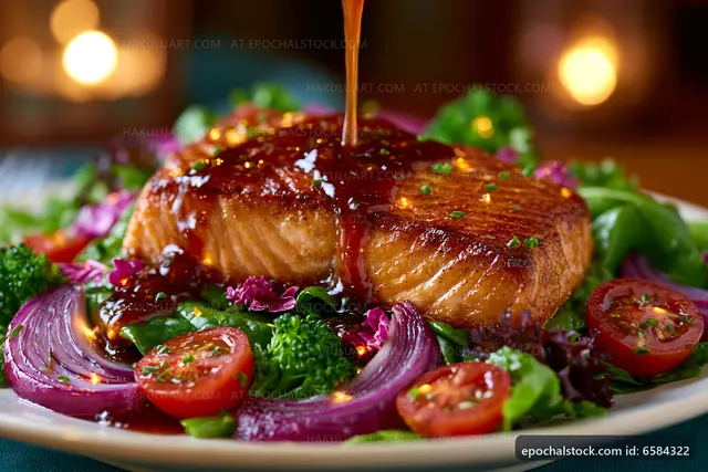 Salmon fillet with vegetables drizzled with sauce on plate