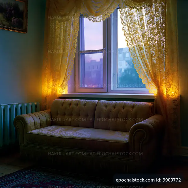 Cozy living room with warm lighting and a vintage sofa