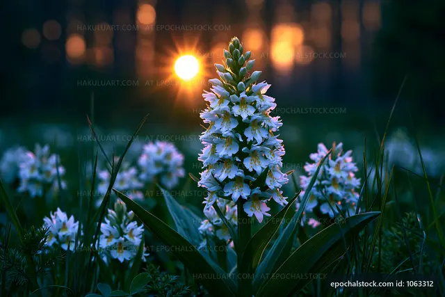 Flower blooming at sunset in a forest clearing