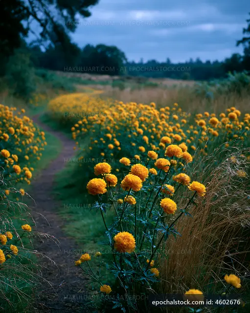 Pathway lined with yellow flowers during cloudy weather