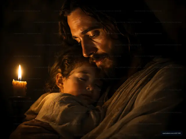 Father holding child in a warm candlelit setting