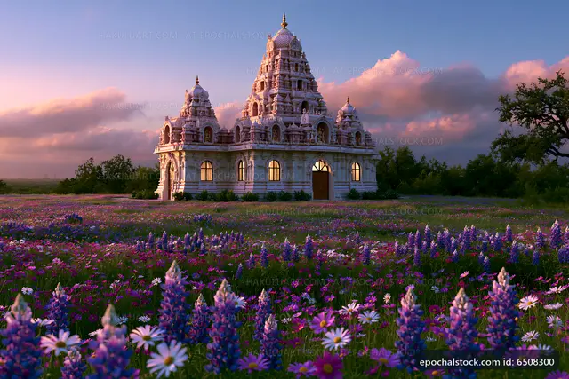 Temple surrounded by blooming flowers at sunset