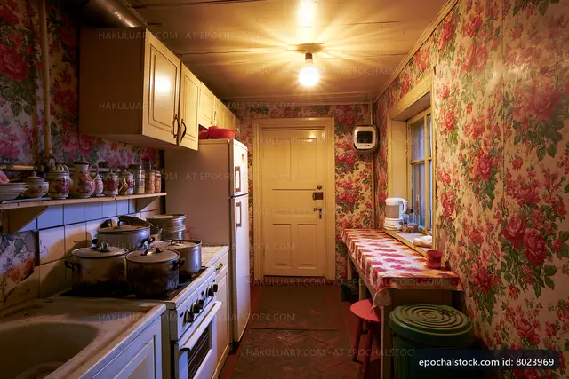 Old kitchen with floral wallpaper and vintage appliances