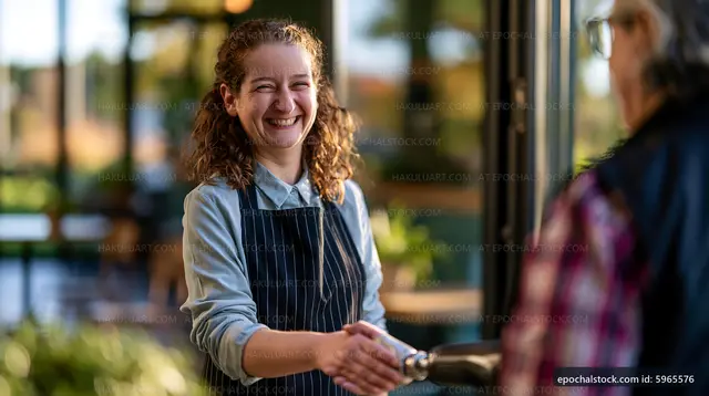 Woman greeting customer at cafe entrance with handshake