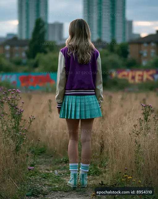 Girl standing in a field near urban graffiti in late afternoon
