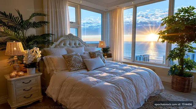 Cozy bedroom with ocean view and sunrise in background