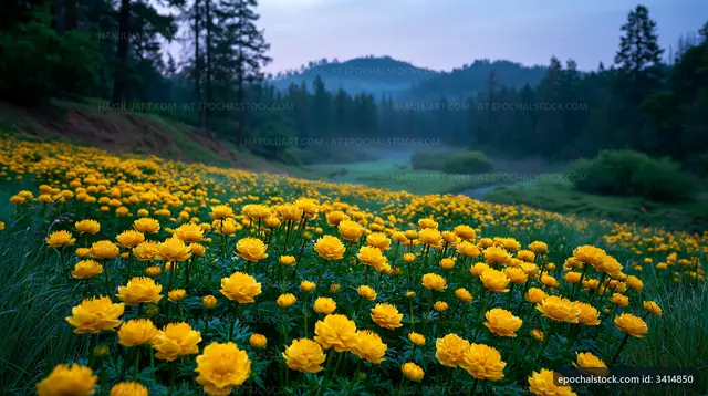 Yellow flowers bloom in a green meadow at dawn