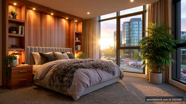 Modern bedroom with large window and sunset view