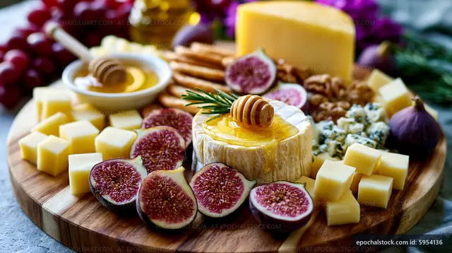 Cheese platter with figs, honey, nuts, and crackers on wooden board