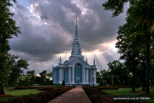 Church building under cloudy sky with sunlight rays